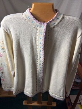 Storybook Knits Cream Sweater Cardigan with Pastel Embroidery